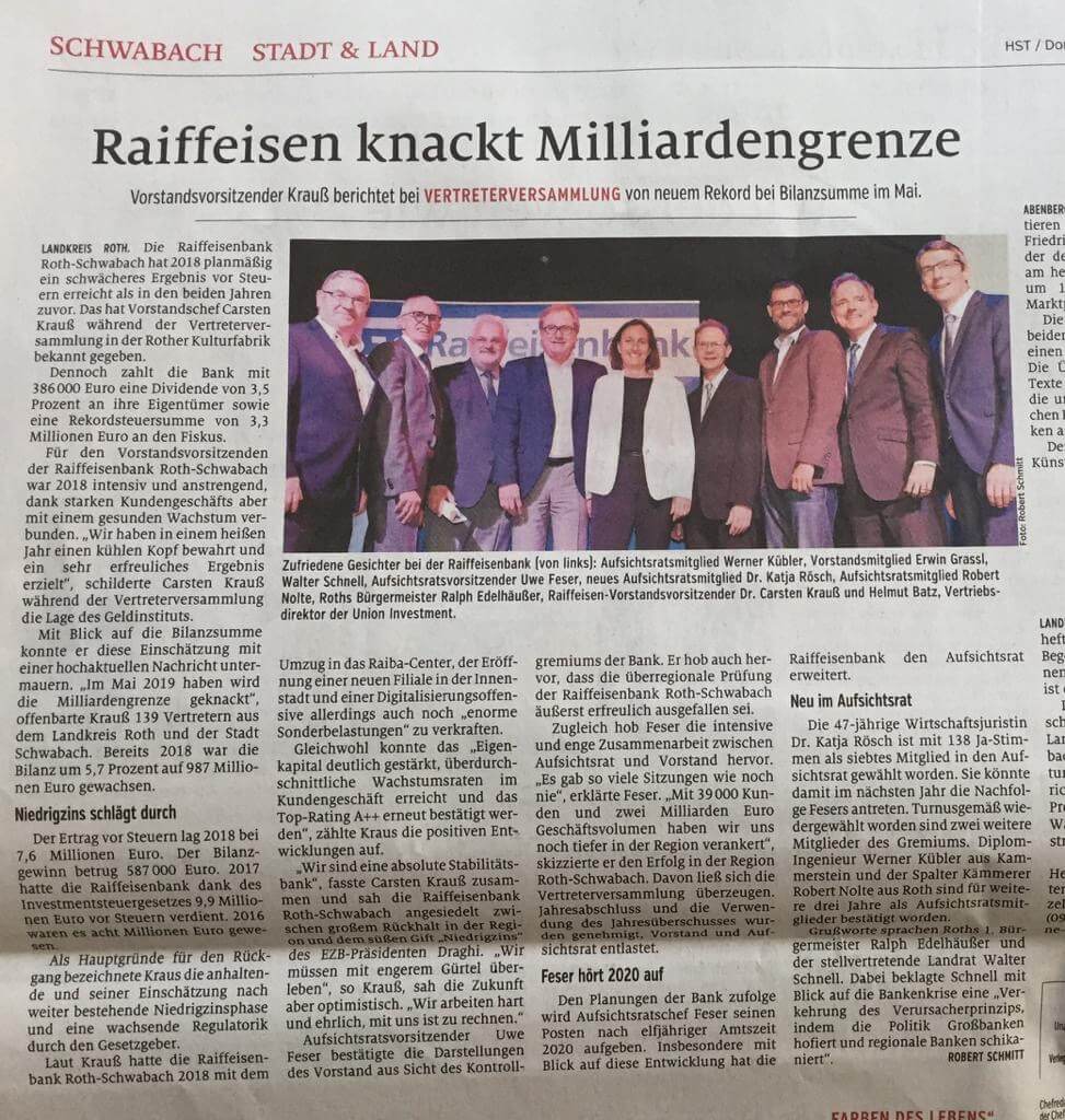 Zeitungsartikel über die Raiffeisenbank Roth-Schwabach